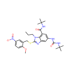 CCCn1c(SCc2cc([N+](=O)[O-])ccc2OC)nc2cc(NC(=O)NC(C)(C)C)cc(C(=O)NC(C)(C)C)c21 ZINC000028524707