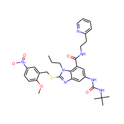 CCCn1c(SCc2cc([N+](=O)[O-])ccc2OC)nc2cc(NC(=O)NC(C)(C)C)cc(C(=O)NCCc3ccccn3)c21 ZINC000028525383