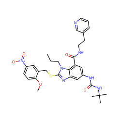 CCCn1c(SCc2cc([N+](=O)[O-])ccc2OC)nc2cc(NC(=O)NC(C)(C)C)cc(C(=O)NCCc3cccnc3)c21 ZINC000028525378