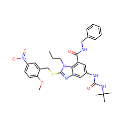 CCCn1c(SCc2cc([N+](=O)[O-])ccc2OC)nc2cc(NC(=O)NC(C)(C)C)cc(C(=O)NCc3ccccc3)c21 ZINC000028524006