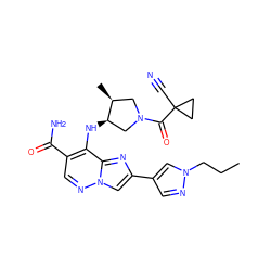 CCCn1cc(-c2cn3ncc(C(N)=O)c(N[C@@H]4CN(C(=O)C5(C#N)CC5)C[C@@H]4C)c3n2)cn1 ZINC001772588860