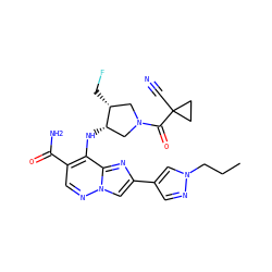 CCCn1cc(-c2cn3ncc(C(N)=O)c(N[C@H]4CN(C(=O)C5(C#N)CC5)C[C@H]4CF)c3n2)cn1 ZINC001772597227