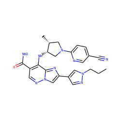 CCCn1cc(-c2cn3ncc(C(N)=O)c(N[C@H]4CN(c5ccc(C#N)cn5)C[C@H]4C)c3n2)cn1 ZINC001772633736