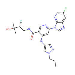 CCCn1cc(Nc2cc(-n3cnc4cc(Cl)cnc43)ncc2C(=O)NC[C@@H](F)C(C)(C)O)cn1 ZINC001772570624