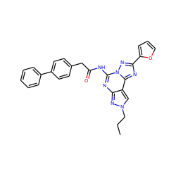 CCCn1cc2c(nc(NC(=O)Cc3ccc(-c4ccccc4)cc3)n3nc(-c4ccco4)nc23)n1 ZINC000045261877