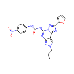 CCCn1cc2c(nc(NC(=O)Nc3ccc([N+](=O)[O-])cc3)n3nc(-c4ccco4)nc23)n1 ZINC000013472350