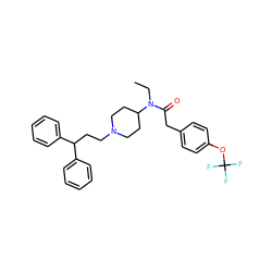 CCN(C(=O)Cc1ccc(OC(F)(F)F)cc1)C1CCN(CCC(c2ccccc2)c2ccccc2)CC1 ZINC000028357042