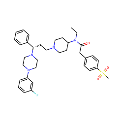 CCN(C(=O)Cc1ccc(S(C)(=O)=O)cc1)C1CCN(CC[C@@H](c2ccccc2)N2CCN(c3cccc(F)c3)CC2)CC1 ZINC000073280283