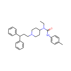 CCN(C(=O)Nc1ccc(C)cc1)C1CCN(CCC(c2ccccc2)c2ccccc2)CC1 ZINC000028356084