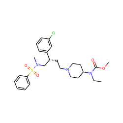 CCN(C(=O)OC)C1CCN(CC[C@H](CN(C)S(=O)(=O)c2ccccc2)c2cccc(Cl)c2)CC1 ZINC000103196196