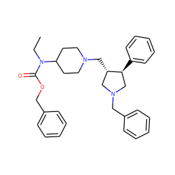 CCN(C(=O)OCc1ccccc1)C1CCN(C[C@H]2CN(Cc3ccccc3)C[C@@H]2c2ccccc2)CC1 ZINC000026653511