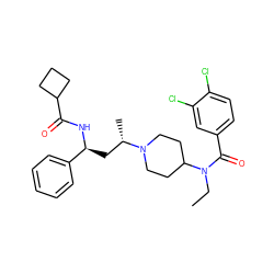 CCN(C(=O)c1ccc(Cl)c(Cl)c1)C1CCN([C@@H](C)C[C@H](NC(=O)C2CCC2)c2ccccc2)CC1 ZINC000040392924