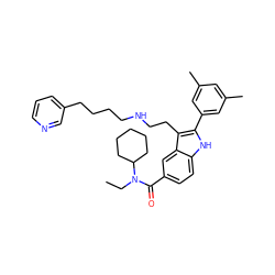 CCN(C(=O)c1ccc2[nH]c(-c3cc(C)cc(C)c3)c(CCNCCCCc3cccnc3)c2c1)C1CCCCC1 ZINC000029467679