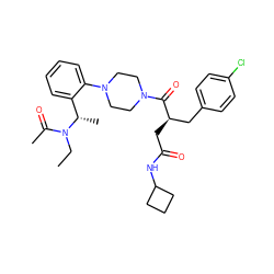 CCN(C(C)=O)[C@@H](C)c1ccccc1N1CCN(C(=O)[C@H](CC(=O)NC2CCC2)Cc2ccc(Cl)cc2)CC1 ZINC000027211028