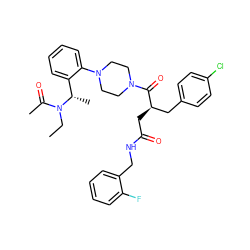 CCN(C(C)=O)[C@@H](C)c1ccccc1N1CCN(C(=O)[C@H](CC(=O)NCc2ccccc2F)Cc2ccc(Cl)cc2)CC1 ZINC000027208665