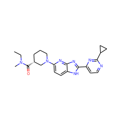 CCN(C)C(=O)[C@@H]1CCCN(c2ccc3[nH]c(-c4ccnc(C5CC5)n4)nc3n2)C1 ZINC000221406050