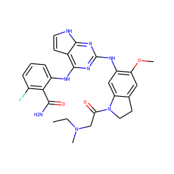 CCN(C)CC(=O)N1CCc2cc(OC)c(Nc3nc(Nc4cccc(F)c4C(N)=O)c4cc[nH]c4n3)cc21 ZINC000044404977