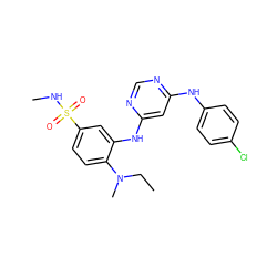 CCN(C)c1ccc(S(=O)(=O)NC)cc1Nc1cc(Nc2ccc(Cl)cc2)ncn1 ZINC000204186370