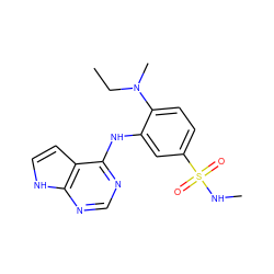 CCN(C)c1ccc(S(=O)(=O)NC)cc1Nc1ncnc2[nH]ccc12 ZINC000204890686