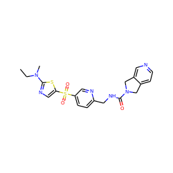 CCN(C)c1ncc(S(=O)(=O)c2ccc(CNC(=O)N3Cc4ccncc4C3)nc2)s1 ZINC001772598005