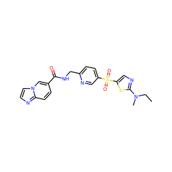 CCN(C)c1ncc(S(=O)(=O)c2ccc(CNC(=O)c3ccc4nccn4c3)nc2)s1 ZINC001772600810