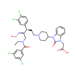 CCN(C/C(=N\OC)[C@H](CCN1CCC(n2c(=O)n(CC(=O)O)c3ccccc32)CC1)c1ccc(Cl)c(Cl)c1)C(=O)c1cc(Cl)cc(Cl)c1 ZINC000095610279