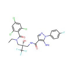 CCN(C[C@@](O)(CNC(=O)c1cnn(-c2ccc(F)cc2)c1N)C(F)(F)F)C(=O)c1c(Cl)cc(Cl)cc1Cl ZINC000042876647