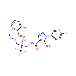 CCN(C[C@@](O)(CNC(=O)c1cnn(-c2ccc(F)cc2)c1N)C(F)(F)F)C(=O)c1ncccc1Cl ZINC000042888046