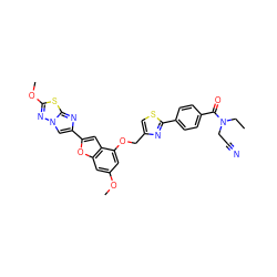 CCN(CC#N)C(=O)c1ccc(-c2nc(COc3cc(OC)cc4oc(-c5cn6nc(OC)sc6n5)cc34)cs2)cc1 ZINC000653685712