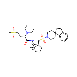 CCN(CC)[C@@H](CCS(C)(=O)=O)C(=O)N[C@H]1C[C@H]2CC[C@]1(CS(=O)(=O)N1CCC3(CCc4ccccc43)CC1)C2(C)C ZINC000027322353