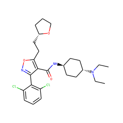 CCN(CC)[C@H]1CC[C@H](NC(=O)c2c(-c3c(Cl)cccc3Cl)noc2CC[C@@H]2CCCO2)CC1 ZINC000253683071