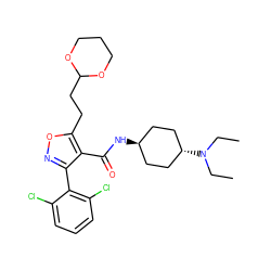 CCN(CC)[C@H]1CC[C@H](NC(=O)c2c(-c3c(Cl)cccc3Cl)noc2CCC2OCCCO2)CC1 ZINC000261164852