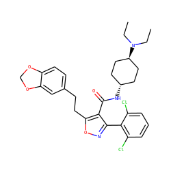 CCN(CC)[C@H]1CC[C@H](NC(=O)c2c(-c3c(Cl)cccc3Cl)noc2CCc2ccc3c(c2)OCO3)CC1 ZINC000253819988