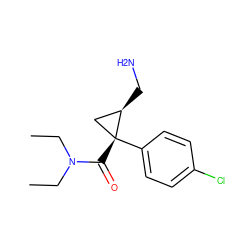 CCN(CC)C(=O)[C@@]1(c2ccc(Cl)cc2)C[C@H]1CN ZINC000001846952