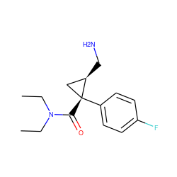 CCN(CC)C(=O)[C@@]1(c2ccc(F)cc2)C[C@H]1CN ZINC000001846941