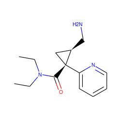 CCN(CC)C(=O)[C@@]1(c2ccccn2)C[C@H]1CN ZINC000029043068