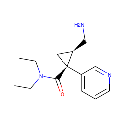 CCN(CC)C(=O)[C@@]1(c2cccnc2)C[C@H]1CN ZINC000029042988