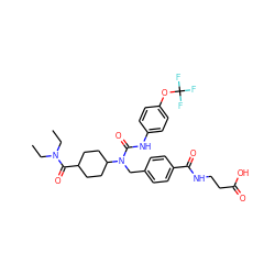 CCN(CC)C(=O)C1CCC(N(Cc2ccc(C(=O)NCCC(=O)O)cc2)C(=O)Nc2ccc(OC(F)(F)F)cc2)CC1 ZINC000036351403