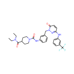 CCN(CC)C(=O)C1CCN(C(=O)Nc2cccc(Cn3nc(Nc4cccc(C(F)(F)F)c4)ccc3=O)c2)CC1 ZINC000096909763