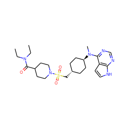 CCN(CC)C(=O)C1CCN(S(=O)(=O)C[C@H]2CC[C@H](N(C)c3ncnc4[nH]ccc34)CC2)CC1 ZINC000261188646