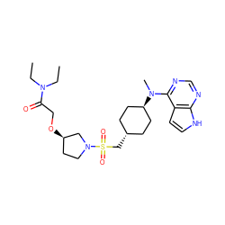 CCN(CC)C(=O)CO[C@@H]1CCN(S(=O)(=O)C[C@H]2CC[C@H](N(C)c3ncnc4[nH]ccc34)CC2)C1 ZINC000261179351