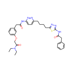 CCN(CC)C(=O)COc1cccc(CC(=O)Nc2ccc(CCCCc3nnc(NC(=O)Cc4ccccc4)s3)nn2)c1 ZINC000169698670