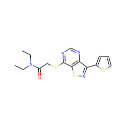 CCN(CC)C(=O)CSc1ncnc2c(-c3cccs3)nsc12 ZINC000001358728