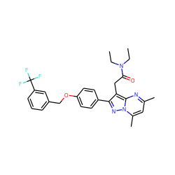 CCN(CC)C(=O)Cc1c(-c2ccc(OCc3cccc(C(F)(F)F)c3)cc2)nn2c(C)cc(C)nc12 ZINC000299860961