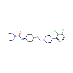 CCN(CC)C(=O)N[C@H]1CC[C@H](CCN2CCN(c3cccc(Cl)c3Cl)CC2)CC1 ZINC000261085371