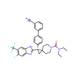 CCN(CC)C(=O)N1CCC2(CC1)C[C@@]2(c1ccc(-c2cccc(C#N)c2)cc1)c1nc2cc(F)c(C(F)(F)F)cc2[nH]1 ZINC000038157819