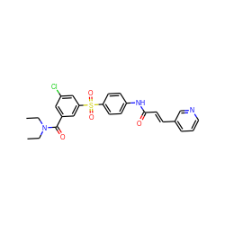 CCN(CC)C(=O)c1cc(Cl)cc(S(=O)(=O)c2ccc(NC(=O)/C=C/c3cccnc3)cc2)c1 ZINC000142157825