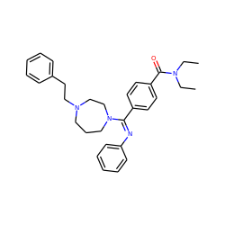 CCN(CC)C(=O)c1ccc(/C(=N/c2ccccc2)N2CCCN(CCc3ccccc3)CC2)cc1 ZINC000100801586