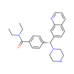 CCN(CC)C(=O)c1ccc([C@H](c2ccc3cccnc3c2)N2CCNCC2)cc1 ZINC000022939832