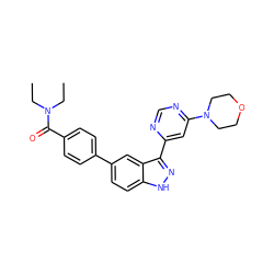 CCN(CC)C(=O)c1ccc(-c2ccc3[nH]nc(-c4cc(N5CCOCC5)ncn4)c3c2)cc1 ZINC000225567048